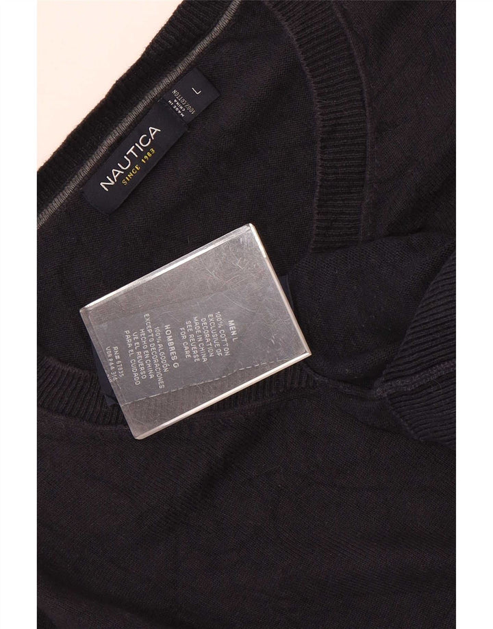 Nautica Mens V-Neck Jumper Sweater Large Navy Blue Cotton