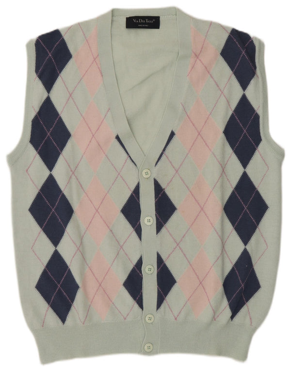 Vintage Mens Sleeveless Cardigan Sweater IT 54 XL Green Argyle/Diamond Wool