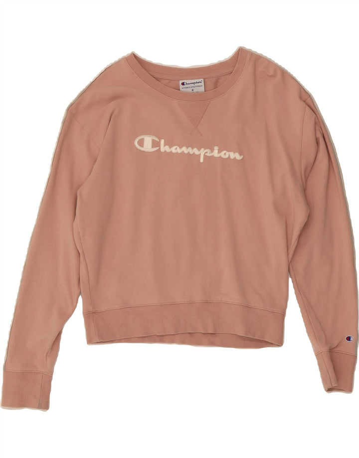 CHAMPION Womens Graphic Sweatshirt Jumper UK 14 Medium Pink Colourblock Vintage Champion and Second-Hand Champion from Messina Hembry 