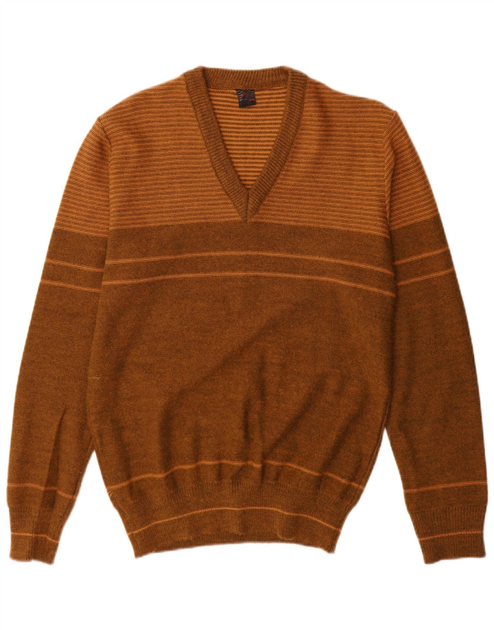 Vintage Mens V-Neck Jumper Sweater Medium Brown Striped Acrylic