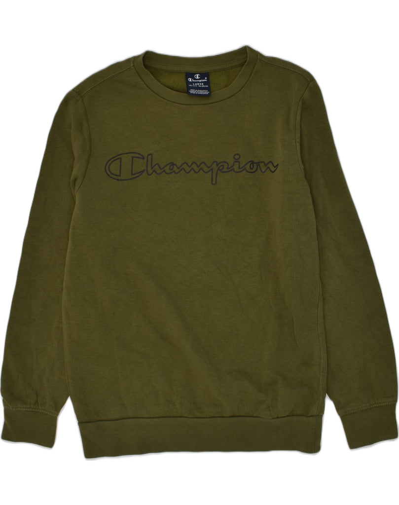 CHAMPION Boys Graphic Sweatshirt Jumper 11-12 Years Large Khaki Cotton | Vintage Champion | Thrift | Second-Hand Champion | Used Clothing | Messina Hembry 