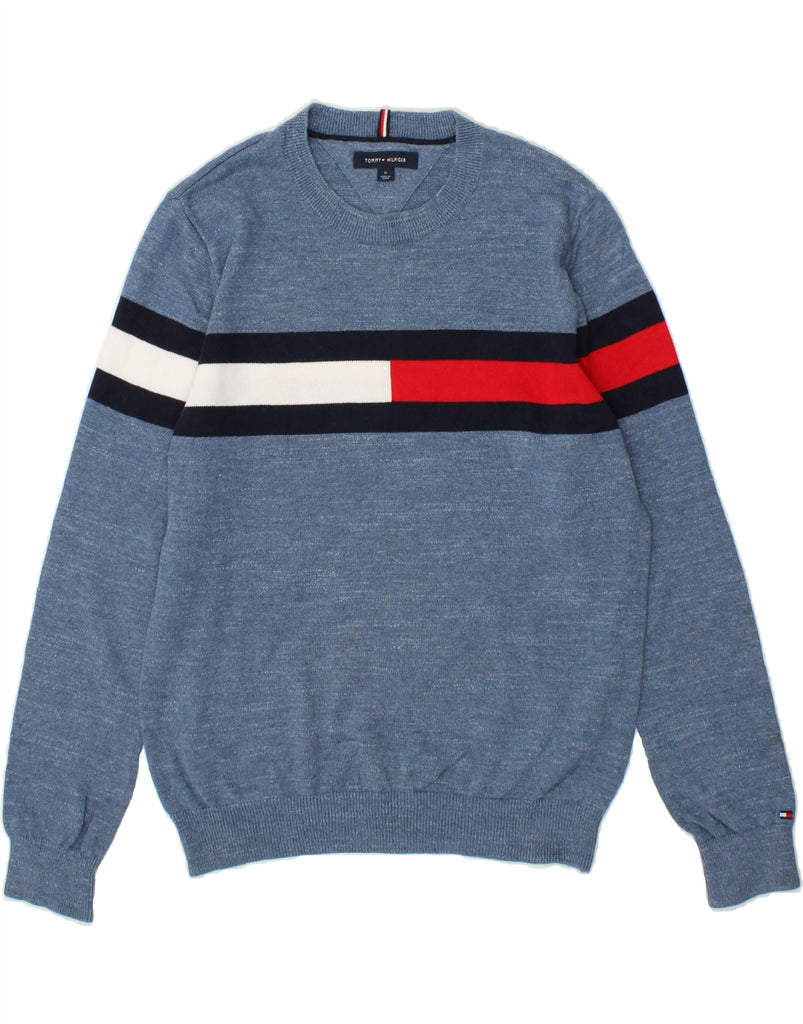 TOMMY HILFIGER Mens Crew Neck Jumper Sweater Medium Blue Colourblock | Vintage Tommy Hilfiger | Thrift | Second-Hand Tommy Hilfiger | Used Clothing | Messina Hembry 