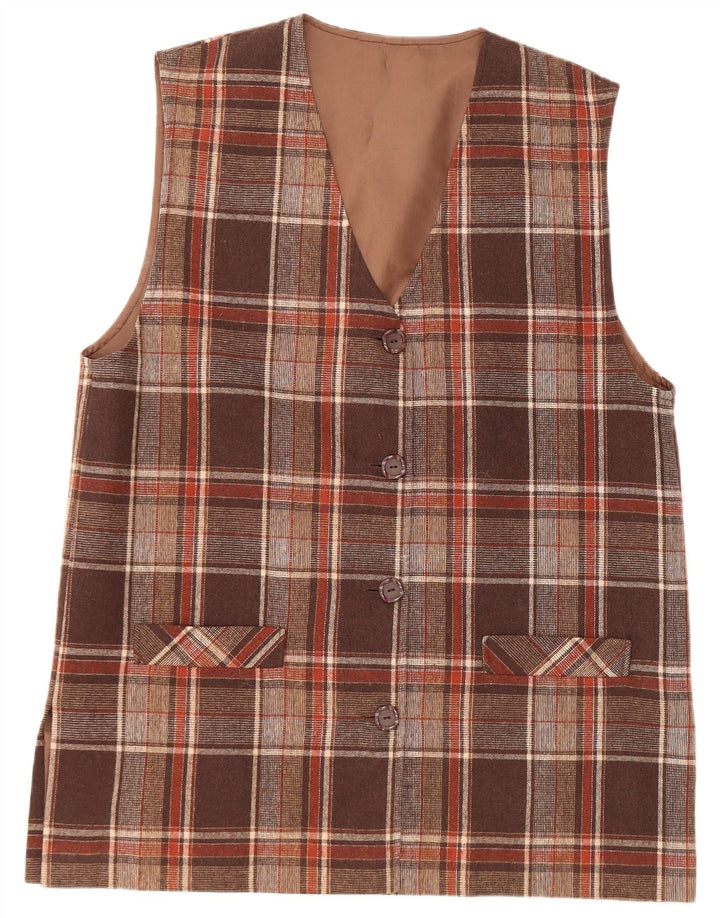 VINTAGE Womens 4 Button Sleeveless Blazer Jacket UK 16 Large Brown Check