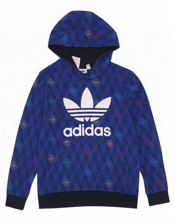 Adidas Boys Graphic Hoodie Jumper 11-12 Years Blue Geometric Cotton