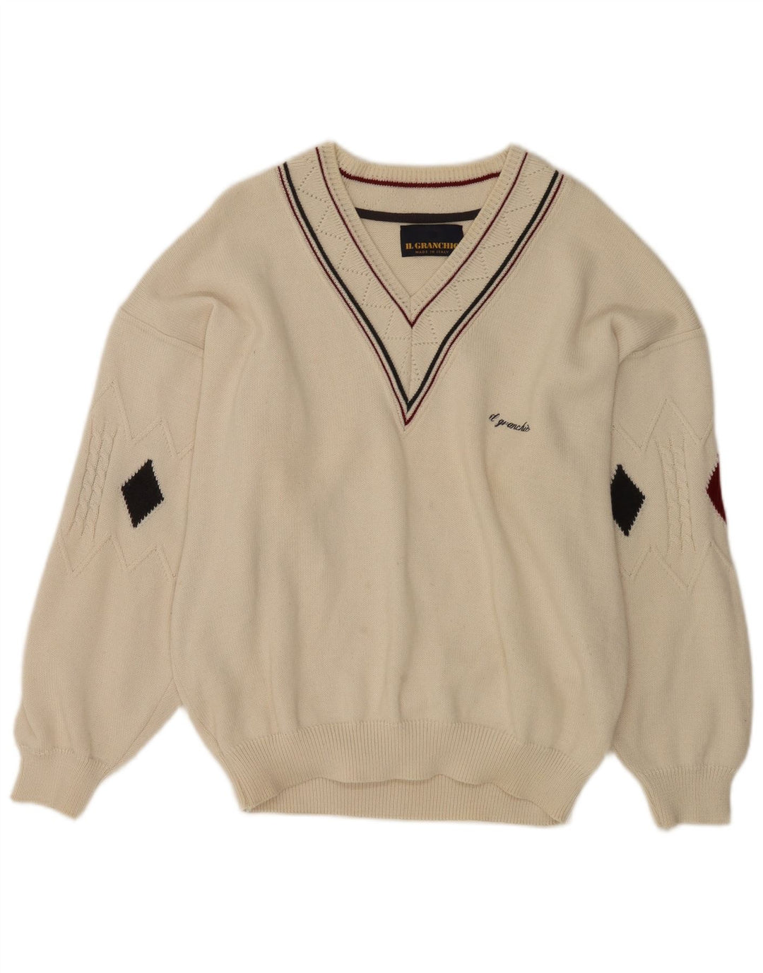 Il Granchio Mens V-Neck Jumper Sweater Large White Argyle/Diamond