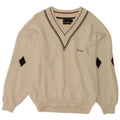 Il Granchio Mens V-Neck Jumper Sweater Large White Argyle/Diamond