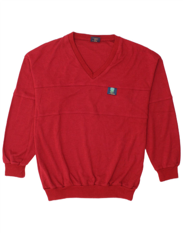 VINTAGE Mens V-Neck Jumper Sweater Large Red Polyacrylic