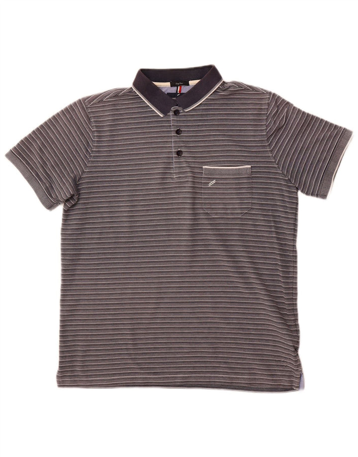 DANIEL HECHTER Mens Easy Care Polo Shirt Large Grey Striped Cotton