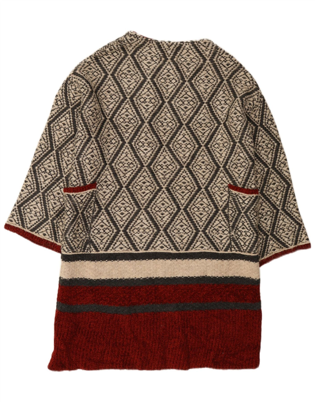 Zara Womens Longline Open Cardigan Sweater UK 14 Medium Beige Geometric