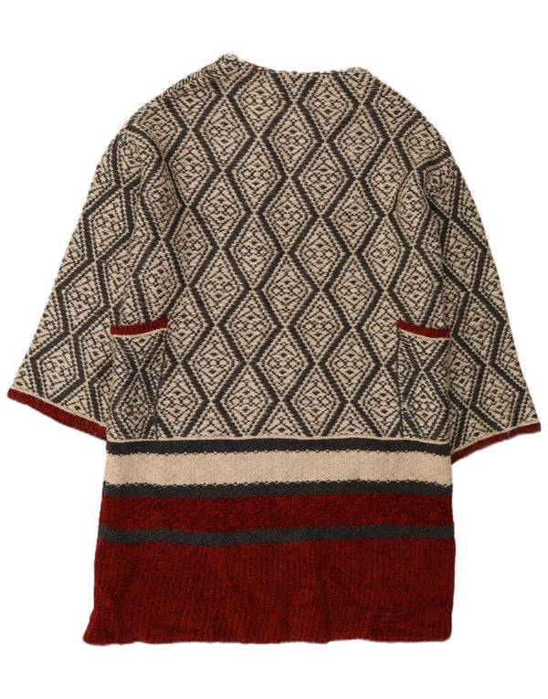 Zara Womens Longline Open Cardigan Sweater UK 14 Medium Beige Geometric