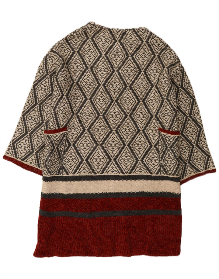 Zara Womens Longline Open Cardigan Sweater UK 14 Medium Beige Geometric