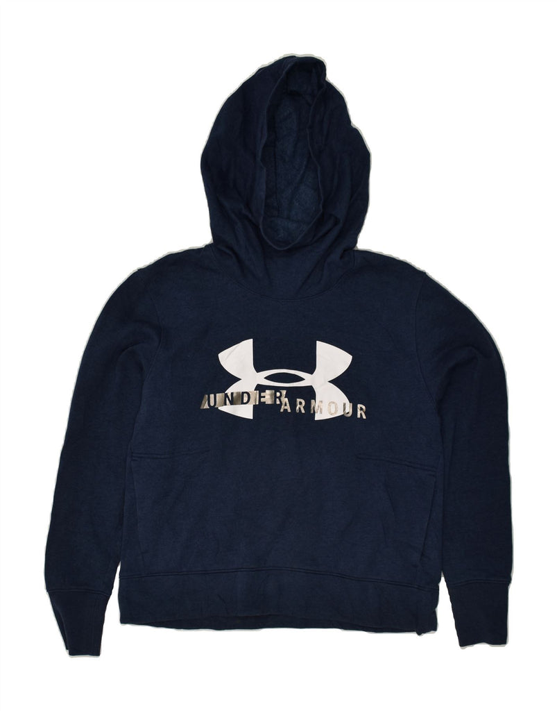 UNDER ARMOUR Womens Graphic Hoodie Jumper UK 14 Medium Navy Blue Cotton | Vintage Under Armour | Thrift | Second-Hand Under Armour | Used Clothing | Messina Hembry 