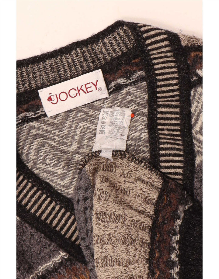 Jockey Mens V-Neck Jumper Sweater Large Grey Striped Wool
