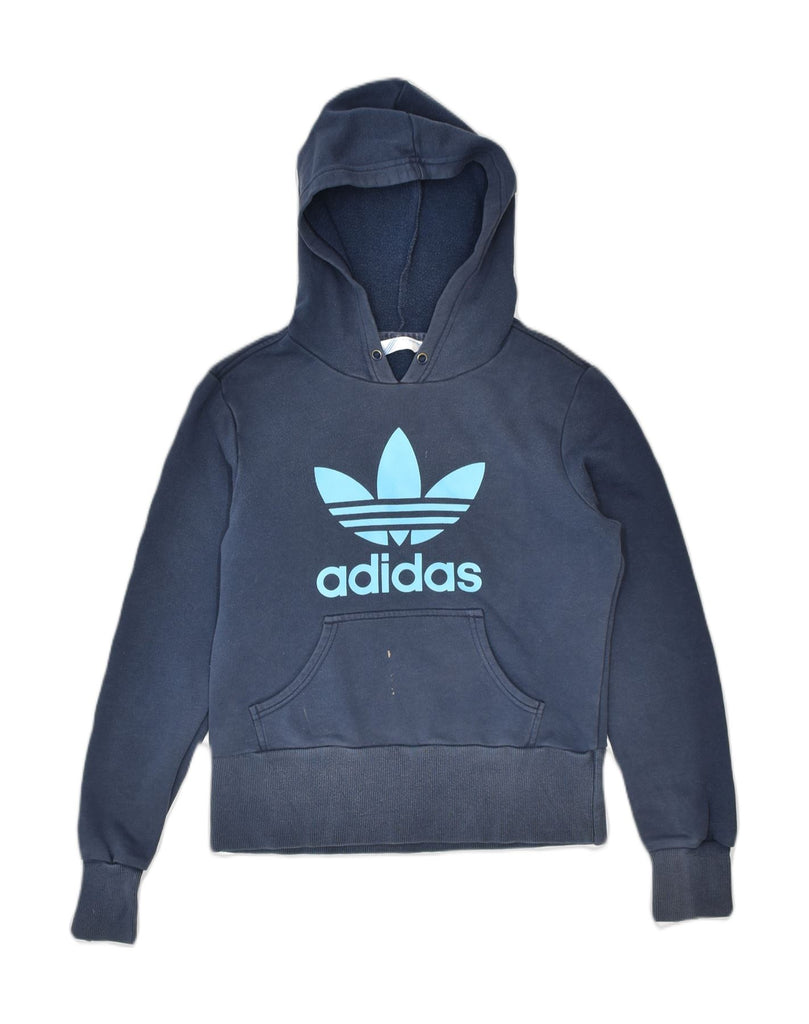 ADIDAS Womens Graphic Hoodie Jumper EU 38 Medium Navy Blue Cotton | Vintage | Thrift | Second-Hand | Used Clothing | Messina Hembry 