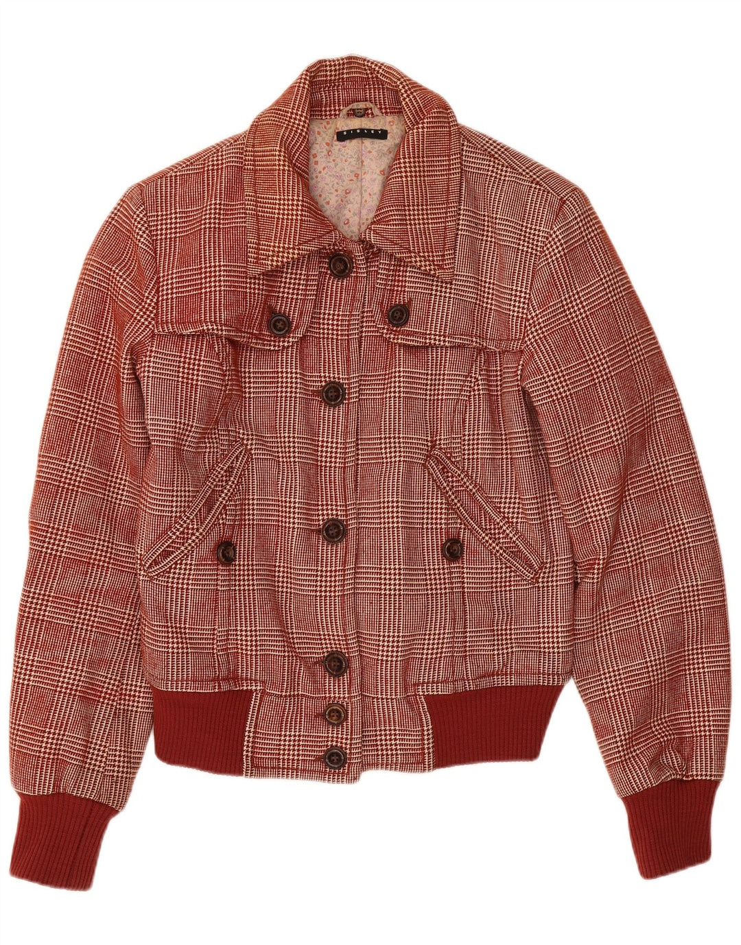 Sisley Womens Bomber Jacket UK 6 XS Burgundy Houndstooth Wool