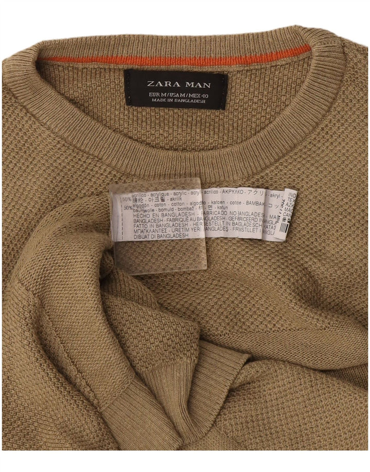 Zara Mens Crew Neck Jumper Sweater Medium Khaki Acrylic