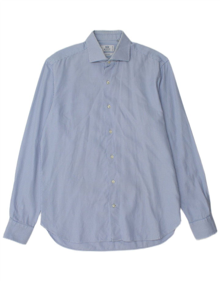 Boggi Mens Custom Fit Shirt Size 40 15 1/2 Medium Blue Houndstooth Cotton