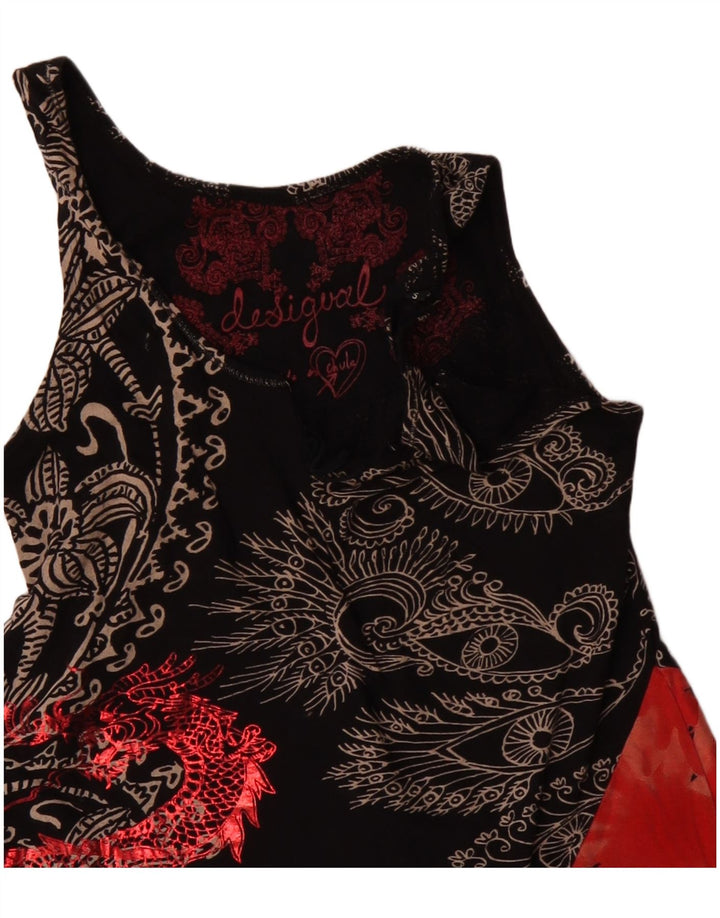 DESIGUAL Womens Sleeveless Asymmetric Tunic Top UK 10 Small Black Floral