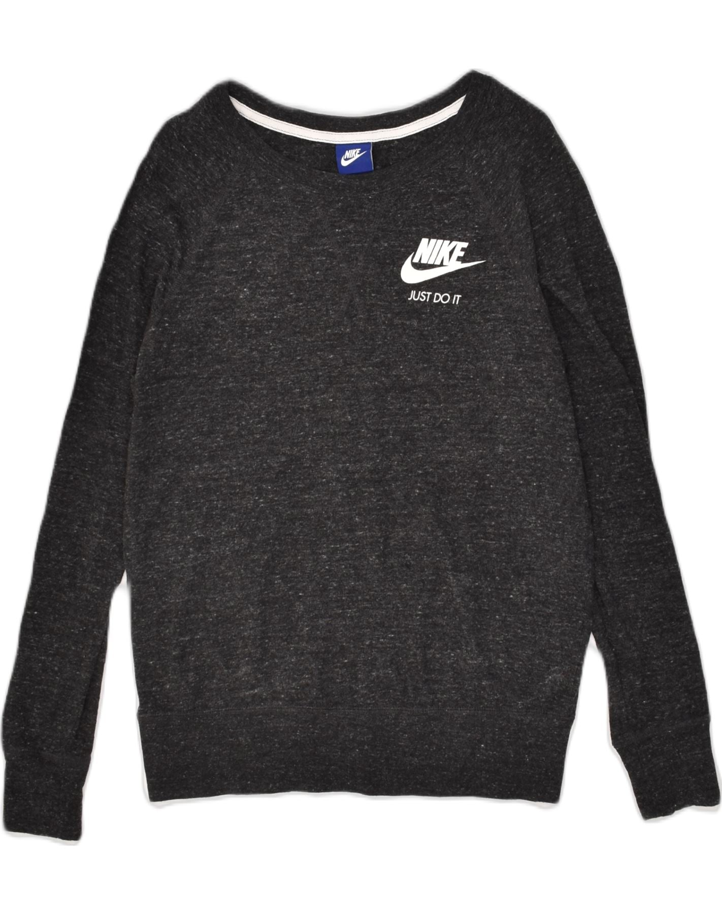 NIKE Womens Graphic Hoodie Jumper UK 14 Medium Blue Flecked Cotton, Vintage & Second-Hand Clothing Online