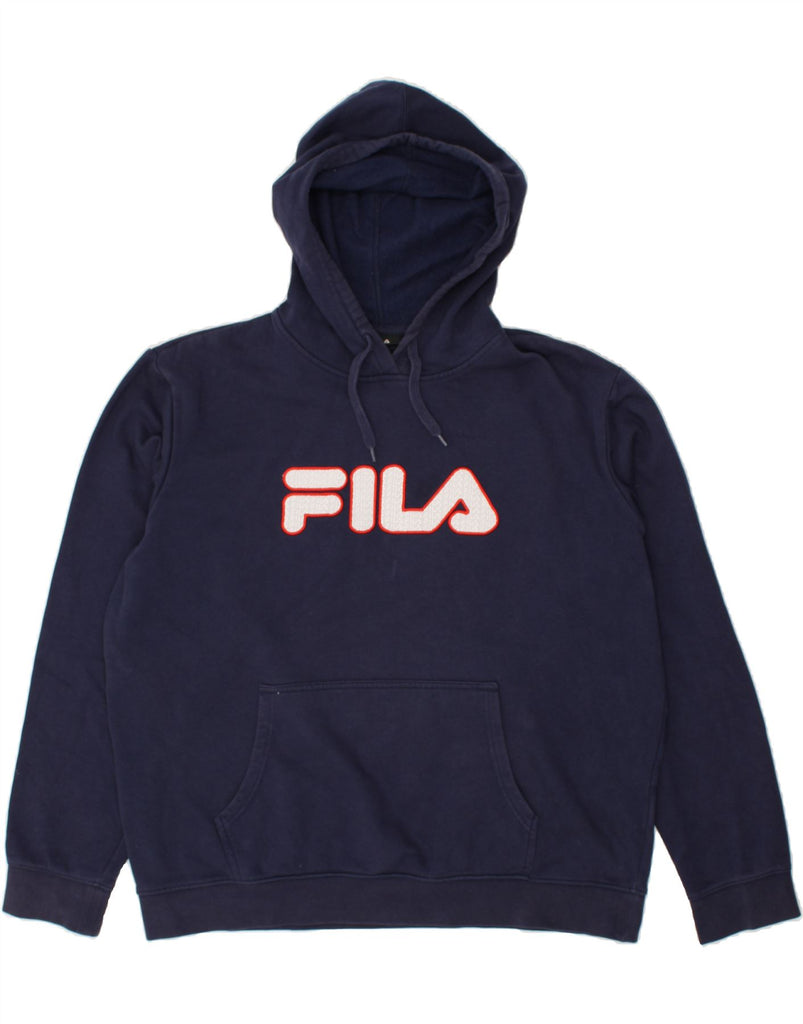 FILA Mens Graphic Hoodie Jumper XL Navy Blue Cotton | Vintage Fila | Thrift | Second-Hand Fila | Used Clothing | Messina Hembry 