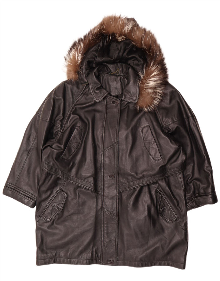 Vintage Womens Hooded Oversized Leather Coat EU 46 XL Black Leather