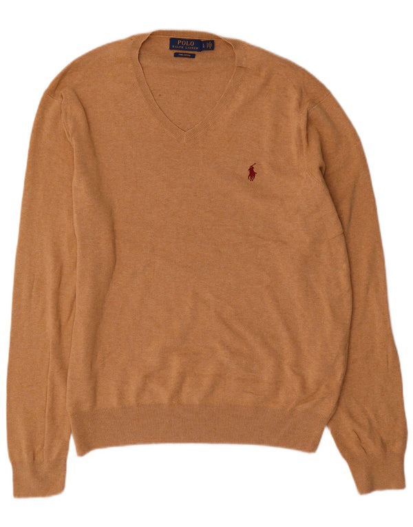 Polo Ralph Lauren Mens V-Neck Jumper Sweater Large Beige Cotton