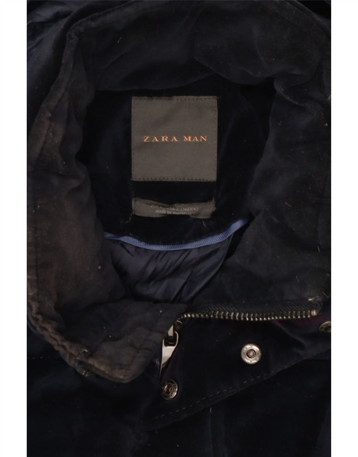 Zara Mens Hooded Padded Jacket UK 40 Large Navy Blue Polyester