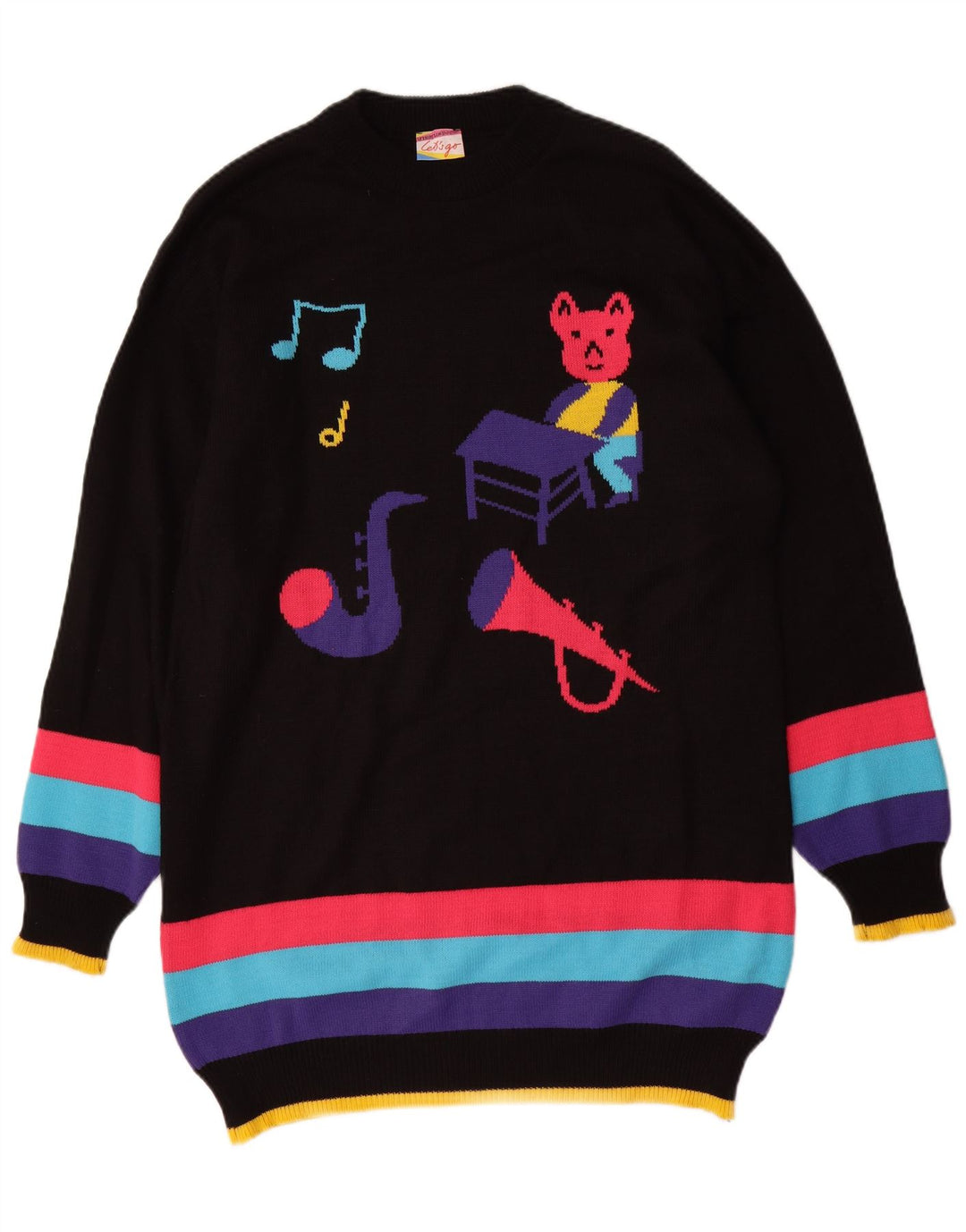 VINTAGE Womens Graphic Jumper Dress UK 16 Large Black Colourblock