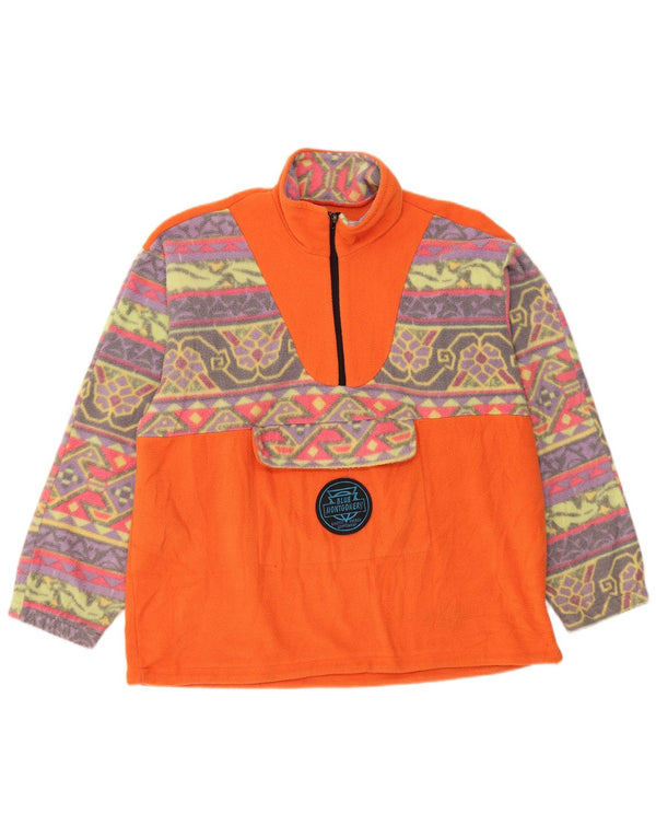 VINTAGE Womens Oversized Zip Neck Fleece Jumper UK 18 XL Orange Fair Isle