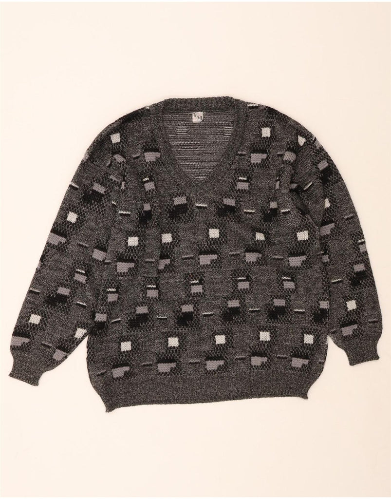 VINTAGE Mens V-Neck Jumper Sweater Large Grey Geometric Polyacrylic Vintage Vintage and Second-Hand Vintage from Messina Hembry 
