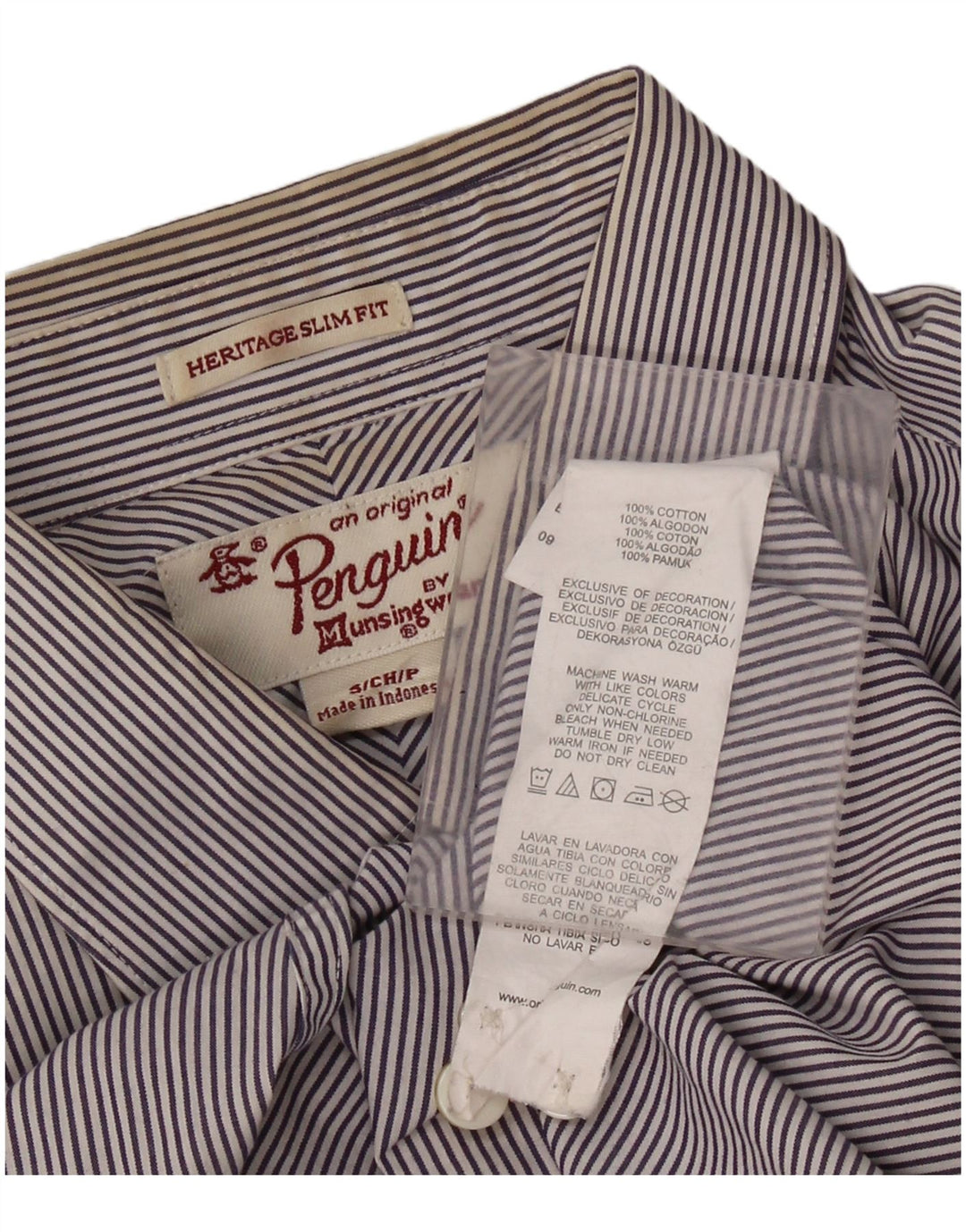 PENGUIN Mens Heritage Slim Fit Shirt Small Navy Blue Pinstripe Cotton
