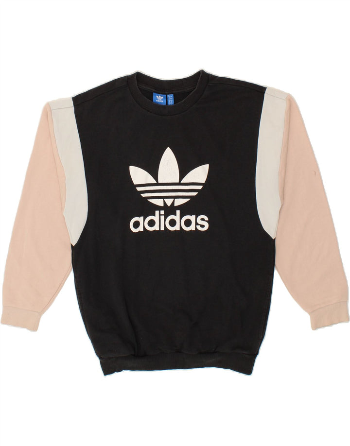ADIDAS Womens Graphic Sweatshirt Jumper UK 8 Small Black Colourblock Vintage Adidas and Second-Hand Adidas from Messina Hembry 