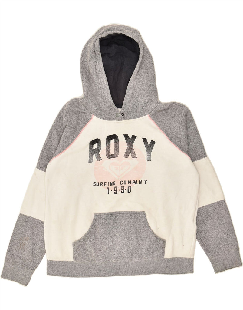 ROXY Womens Graphic Hoodie Jumper UK 16 Large Grey Cotton | Vintage Roxy | Thrift | Second-Hand Roxy | Used Clothing | Messina Hembry 