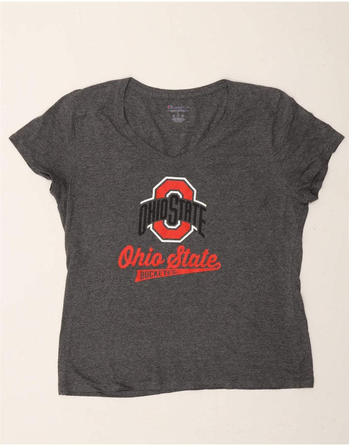 CHAMPION Womens Graphic T-Shirt Top UK 16 Large Grey Polyester Vintage Champion and Second-Hand Champion from Messina Hembry 
