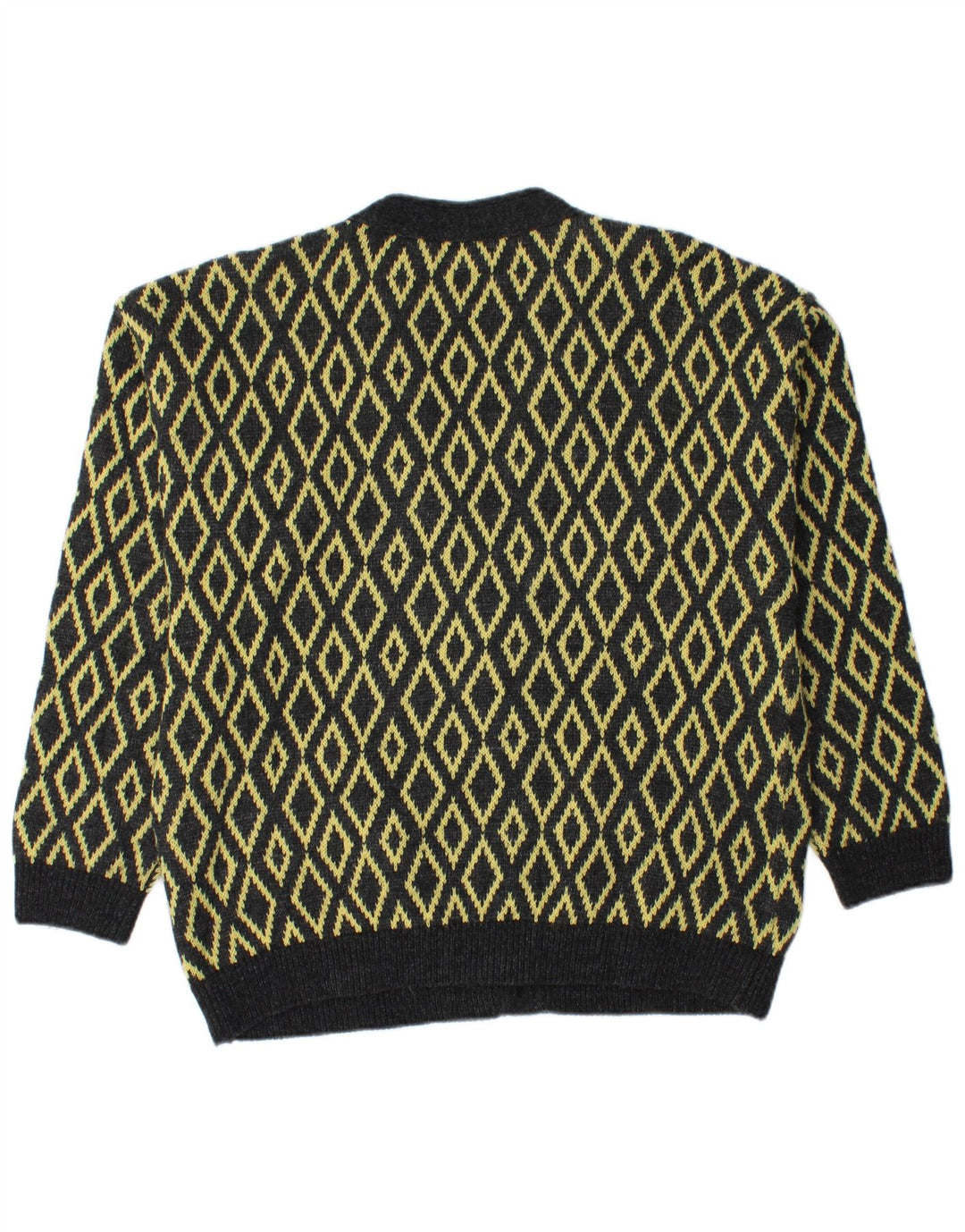 Stefanel Mens Cardigan Sweater Large Yellow Argyle/Diamond Wool