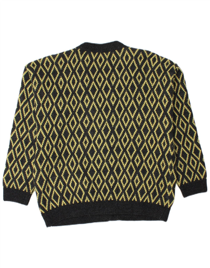 Stefanel Mens Cardigan Sweater Large Yellow Argyle/Diamond Wool
