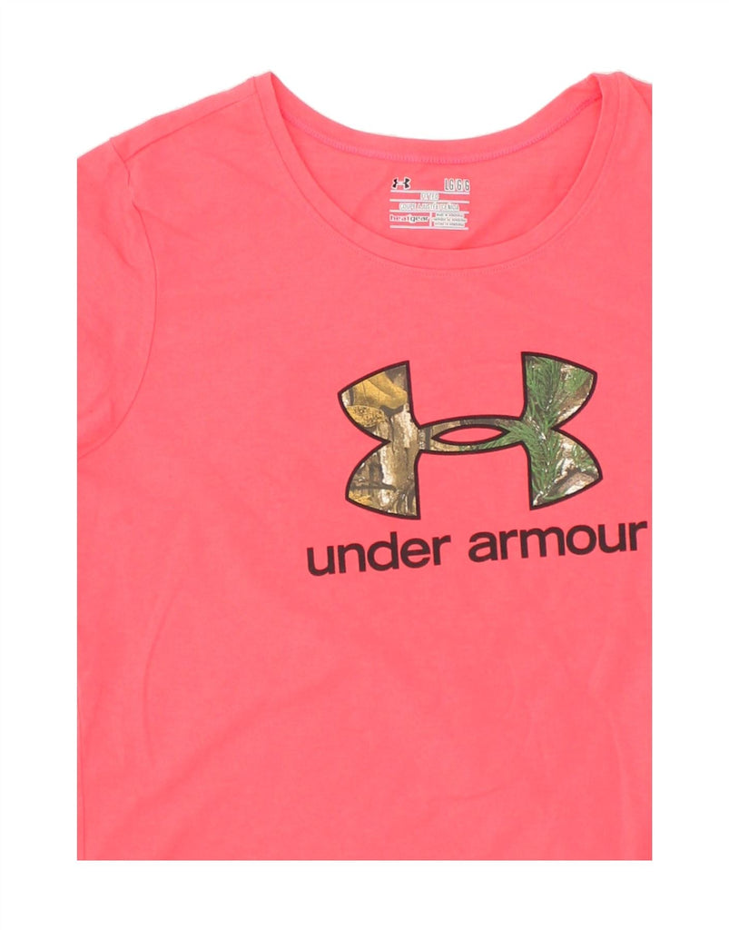 UNDER ARMOUR Womens Heat Gear Graphic T-Shirt Top UK 14 Large Pink Cotton | Vintage Under Armour | Thrift | Second-Hand Under Armour | Used Clothing | Messina Hembry 