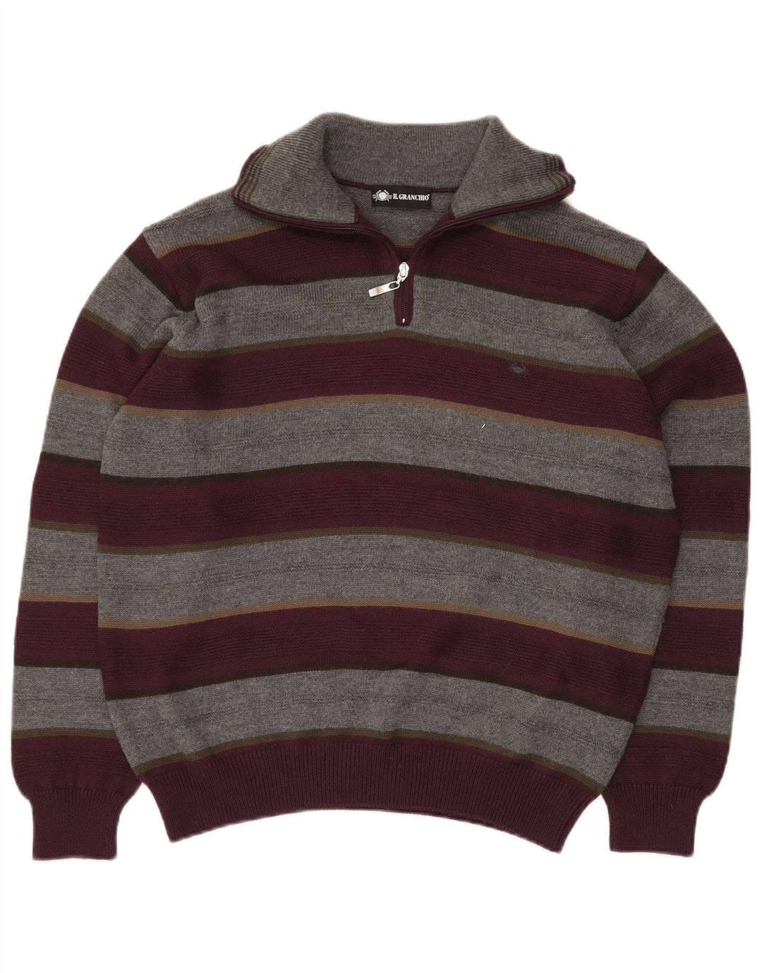 IL GRANCHIO Womens Zip Neck Jumper Sweater UK 18 XL Burgundy Striped