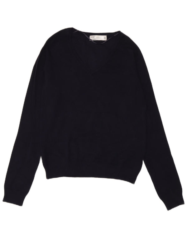 Zara Womens V-Neck Jumper Sweater UK 12 Medium Navy Blue Cotton