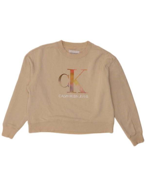Calvin Klein Jeans Womens Crop Graphic Sweatshirt Jumper UK 14 Medium Beige