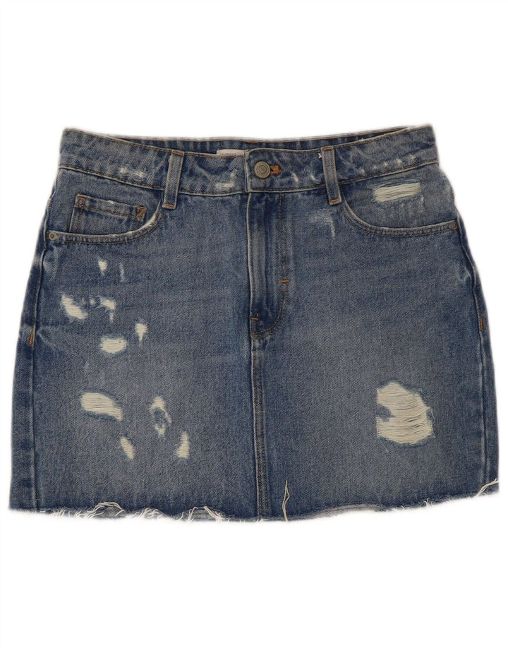 ZARA Womens Trafaluc Distressed Mini Denim Skirt XS W24 Blue Cotton