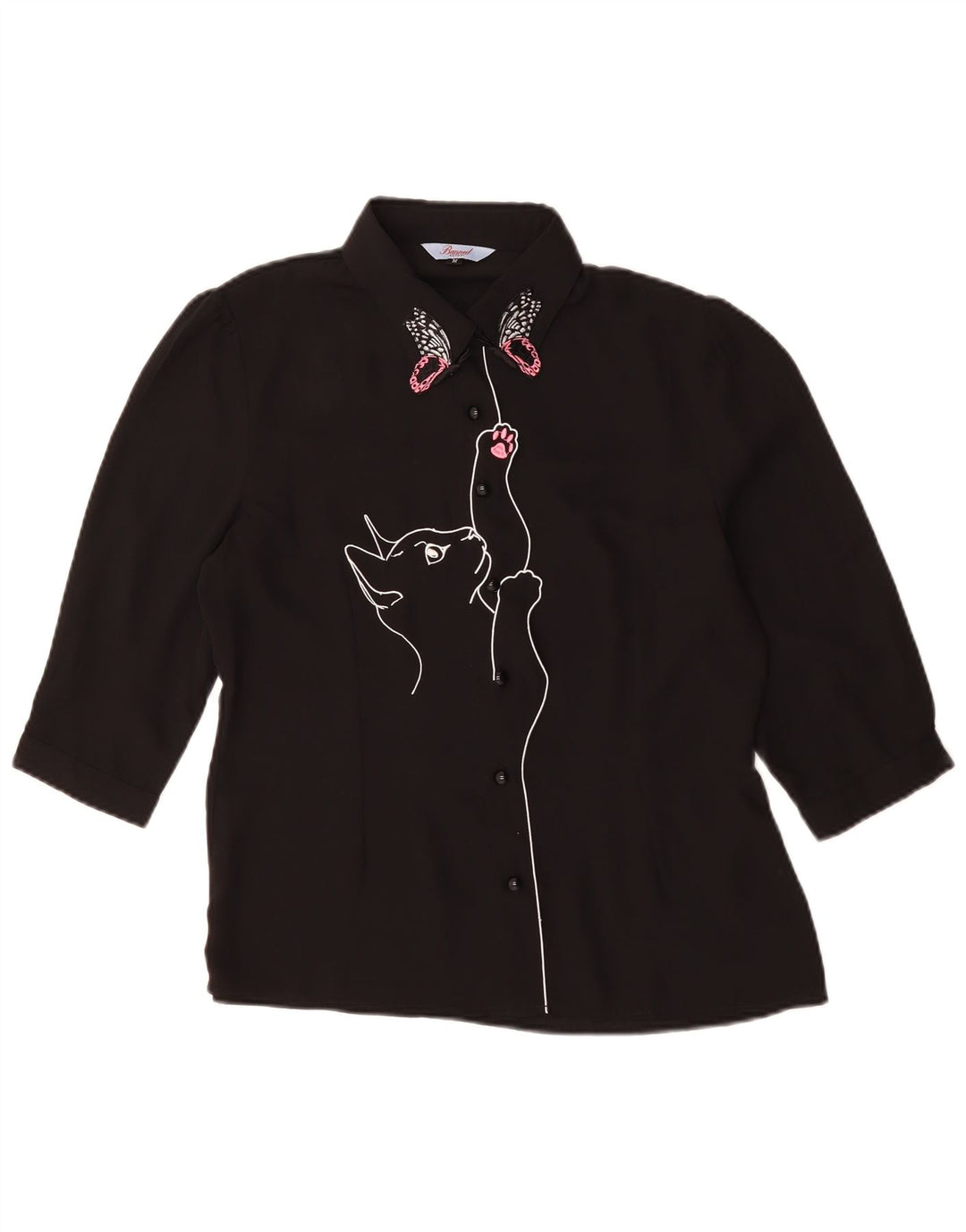 Vintage Womens Graphic Short Sleeve Shirt Blouse UK 14 Medium Black