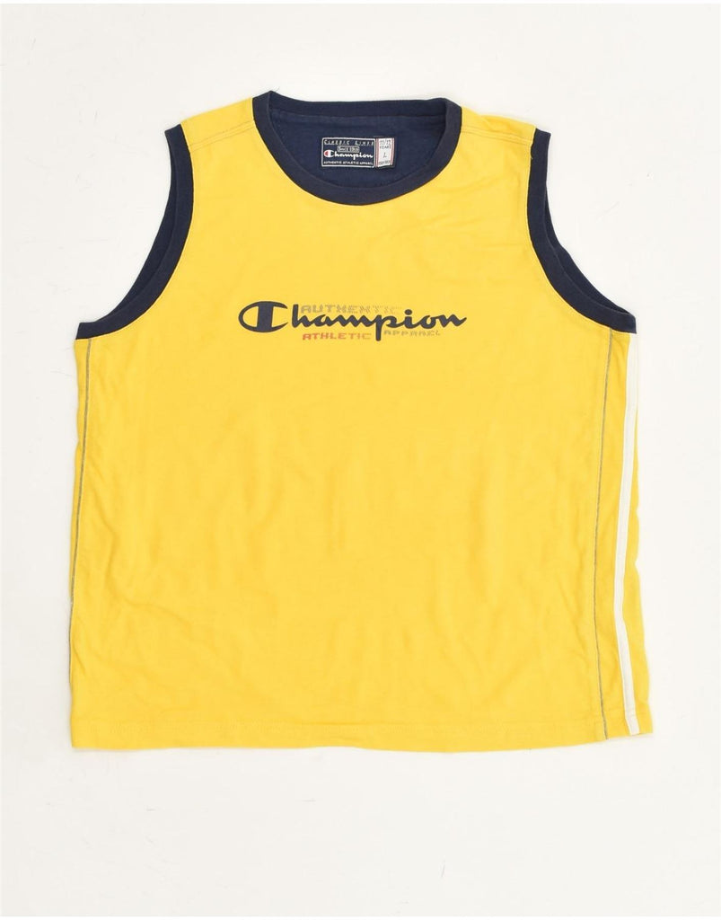CHAMPION Boys Graphic Vest Top 11-12 Years Large  Yellow Cotton | Vintage Champion | Thrift | Second-Hand Champion | Used Clothing | Messina Hembry 