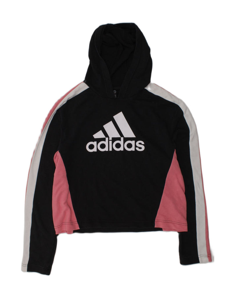 ADIDAS Girls Graphic Hoodie Jumper 13-14 Years Black Colourblock Cotton | Vintage Adidas | Thrift | Second-Hand Adidas | Used Clothing | Messina Hembry 