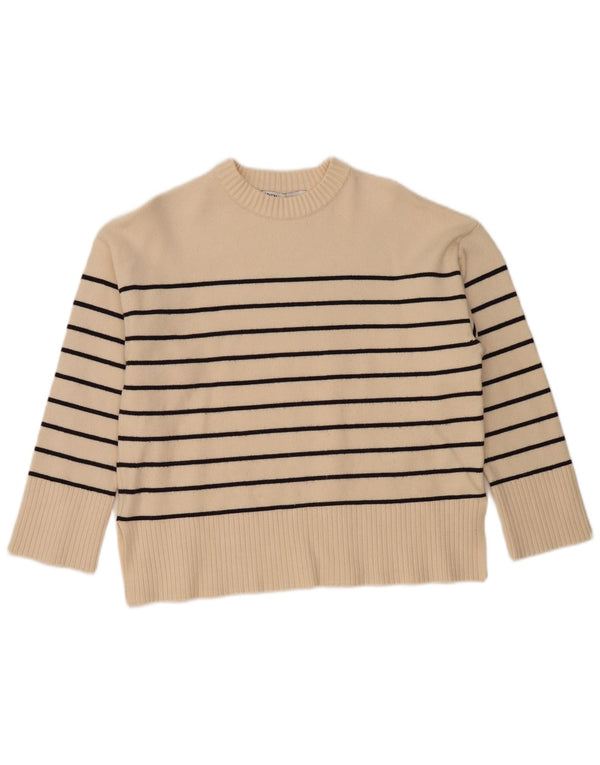 Zara Womens Boat Neck Jumper Sweater UK 14 Medium Beige Striped Viscose