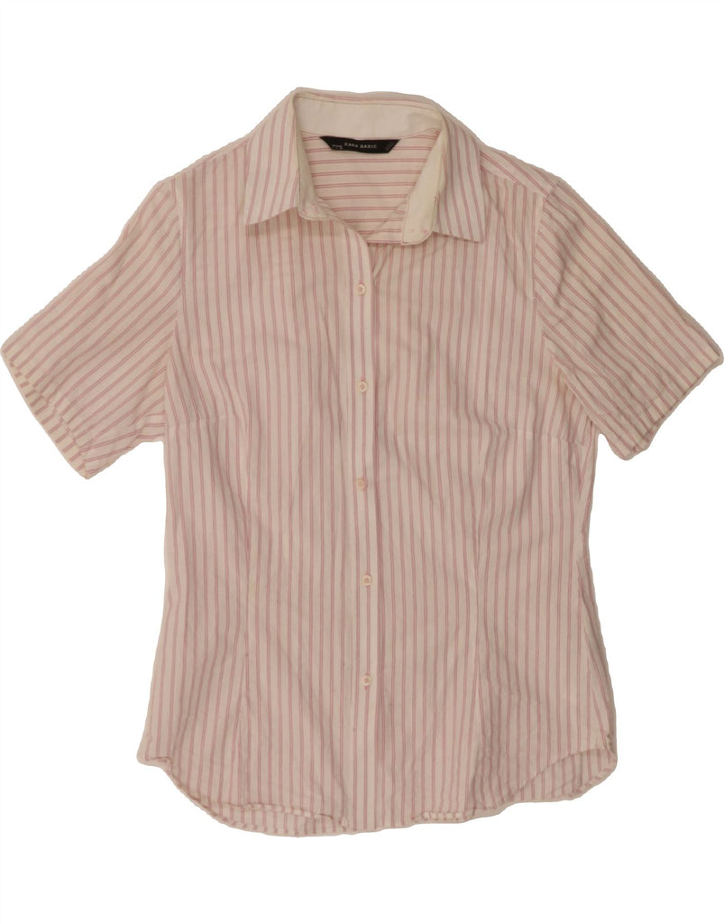 ZARA Womens Short Sleeve Shirt UK 16 Large White Striped Cotton Vintage Zara and Second-Hand Zara from Messina Hembry 