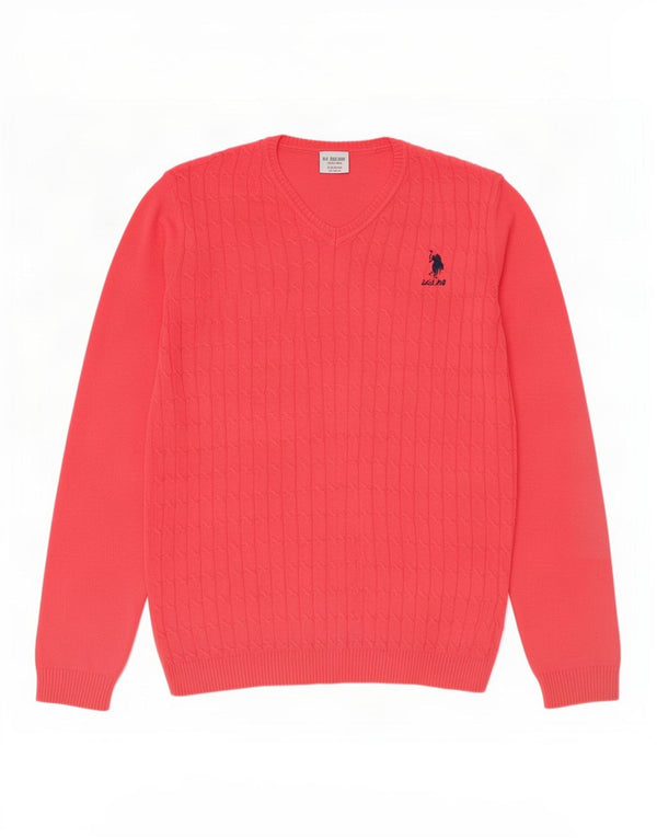 U.S. Polo Assn. Girls V-Neck Jumper Sweater 12-13 Years Pink Cotton
