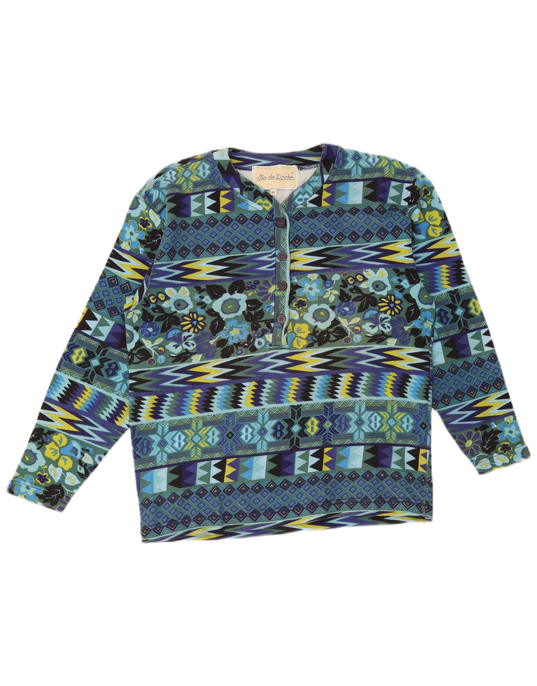 Vintage Womens Top Long Sleeve UK 14 Medium Blue Geometric Cotton