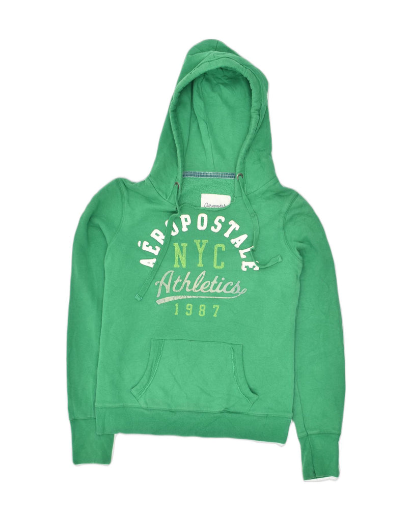 AEROPOSTALE Womens Graphic Hoodie Jumper UK 14 Medium Green Cotton | Vintage Aeropostale | Thrift | Second-Hand Aeropostale | Used Clothing | Messina Hembry 