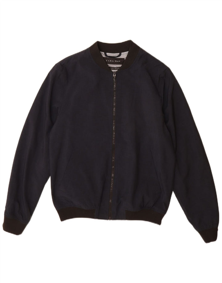 Zara Mens Bomber Jacket UK 40 Large Navy Blue Polyester
